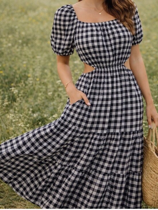 The Drop Dresses & Skirts - The Drop Anaya Square Neck puff sleeve Black White Gingham sundress Maxi Dress M